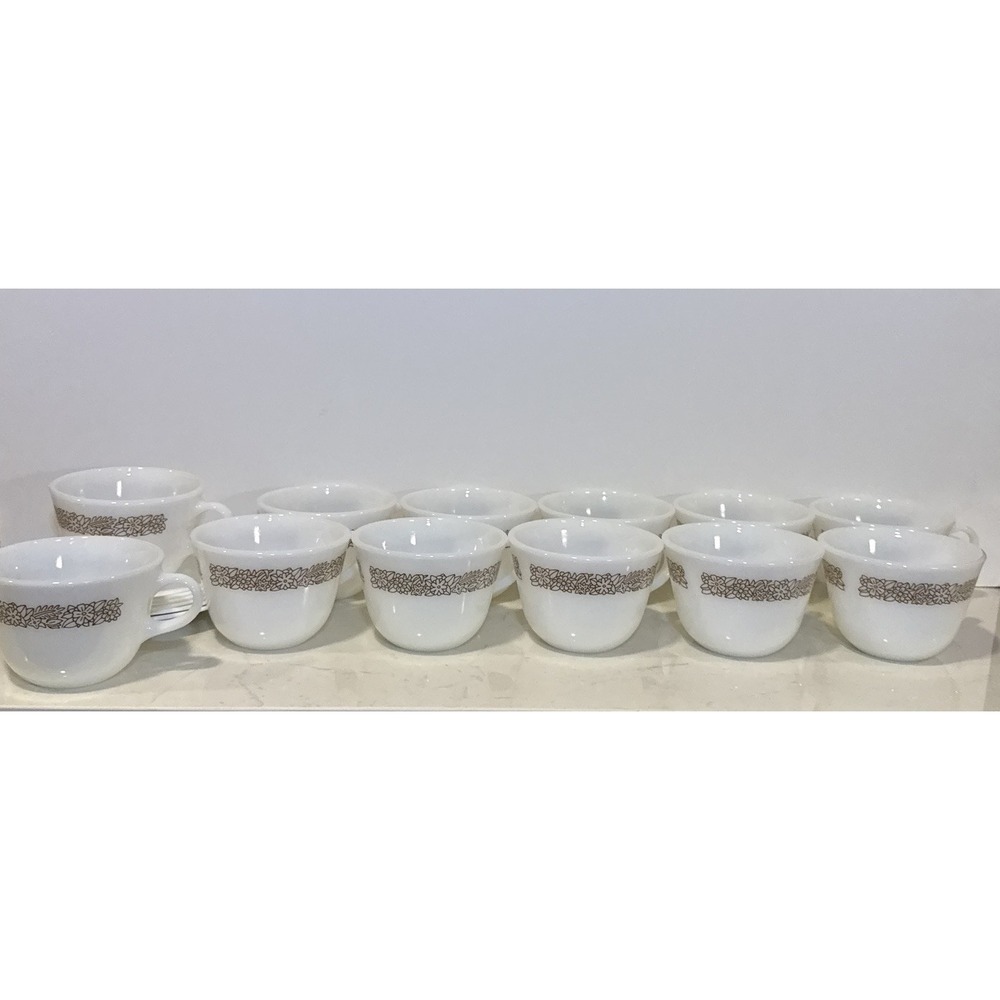 12 Corelle Corning Pyrex Woodland Brown Glass Coffee Mugs w/ 5 saucers Mint!